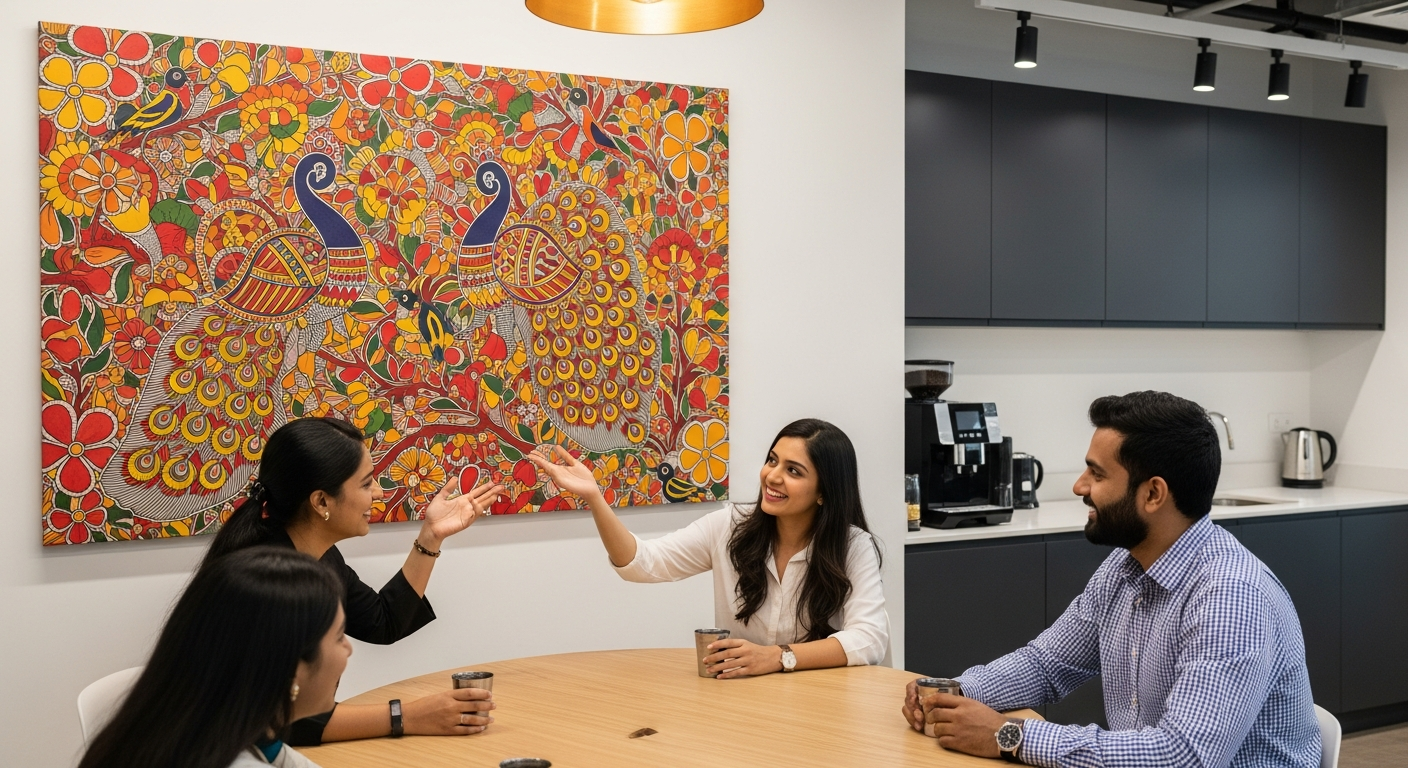 Modern Indian office break room with a large colourful Madhubani folk art canvas on the wall — peacocks, flowers in warm reds and yellows — while three colleagues chat over chai at a round table